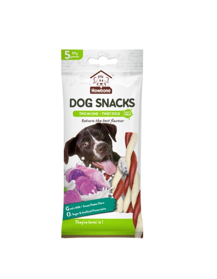 Howbone Two-in-One Twist Stick Dog Treats – Goat’s Milk & Sweet Potato, Healthy Natural Snacks – 80g (5pcs) - Image 1
