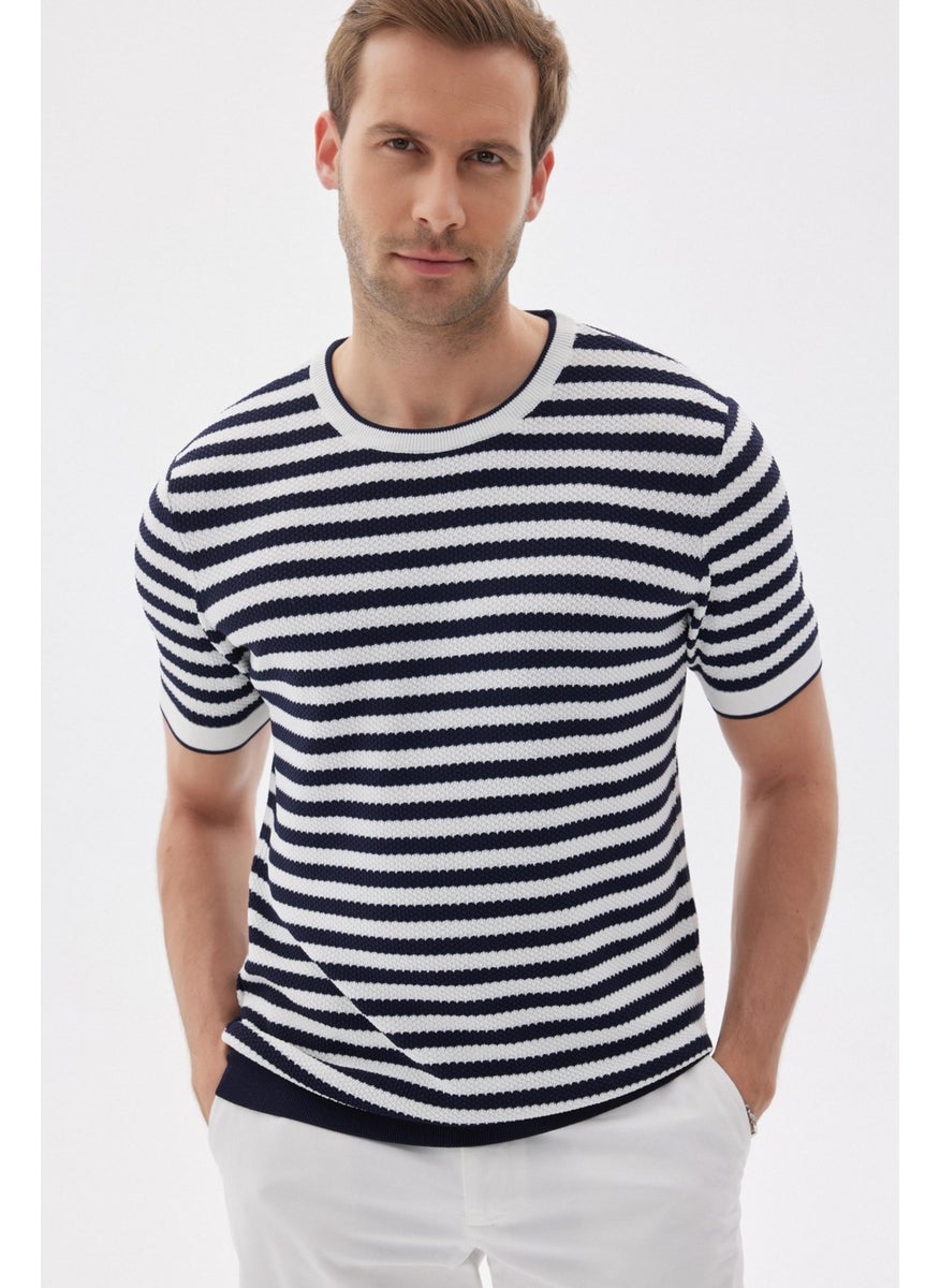 Odelon Limited Men's Striped Short Sleeve Crew Neck Rayon Knit T-shirt Navy Blue  - Image 1
