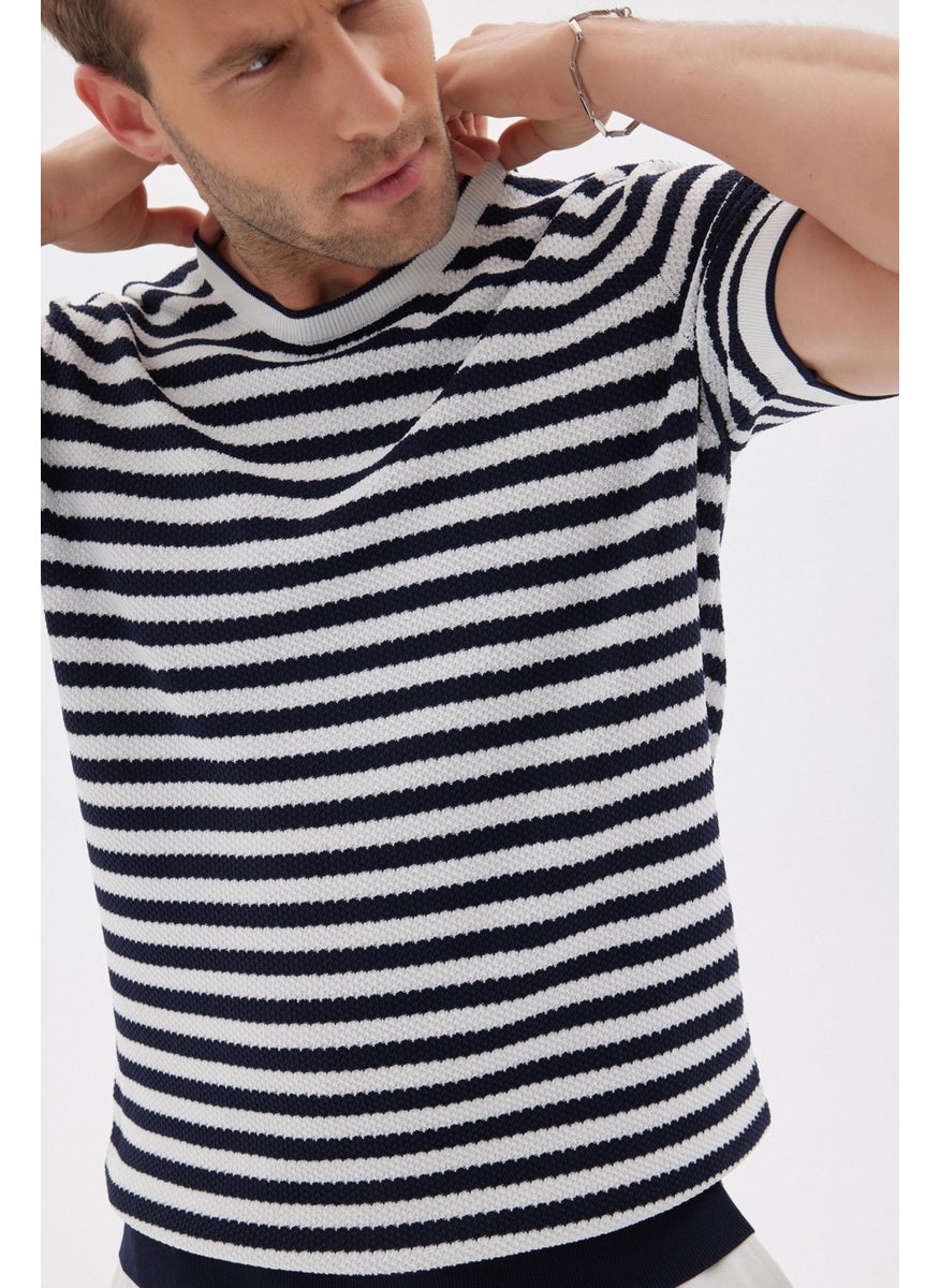 Odelon Limited Men's Striped Short Sleeve Crew Neck Rayon Knit T-shirt Navy Blue  - Image 3