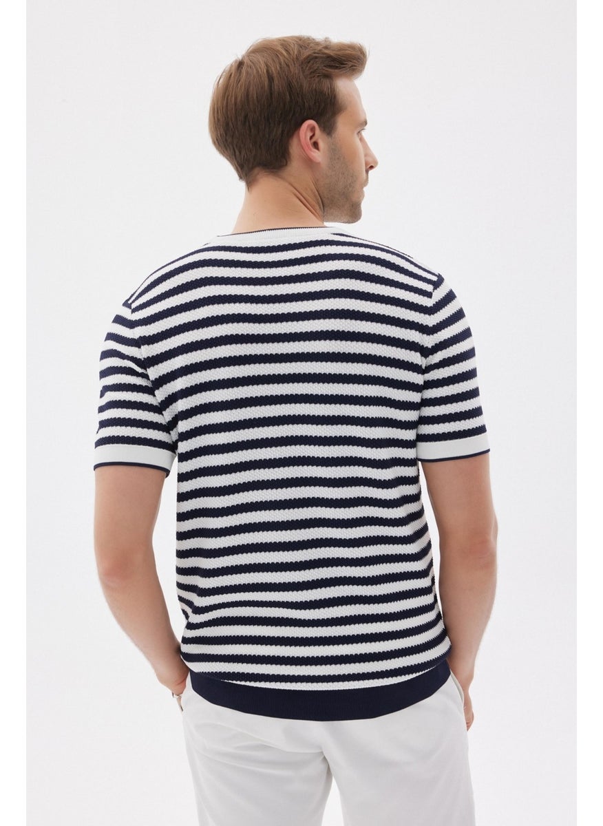 Odelon Limited Men's Striped Short Sleeve Crew Neck Rayon Knit T-shirt Navy Blue  - Image 5