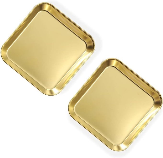 2 PACK STAINLESS STEEL DINNER PLATES THICKENED METAL DISH PLATE FOR FOOD SMALL SQUARE SERVING TRAY FOR APPETIZER COOKIE STEAK DESSERT SALAD DENTAL GOLD