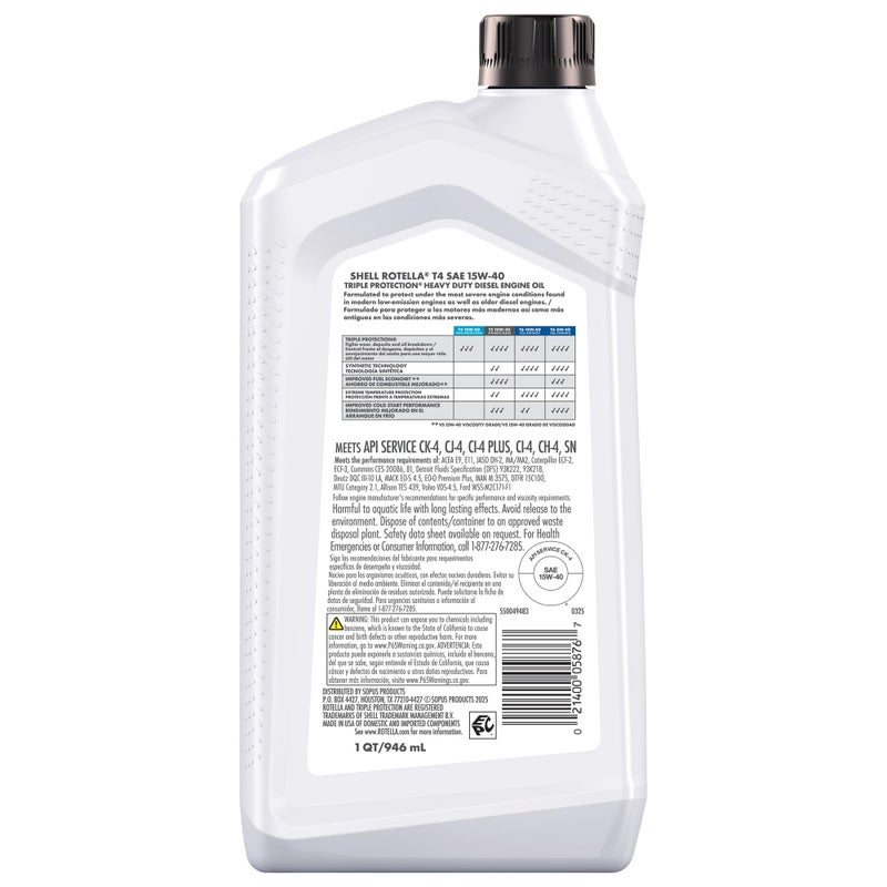 Shell Rotella T4 Triple Protection 15W-40 Diesel Engine Oil, 1 Quart (6 Pack) - Image 2