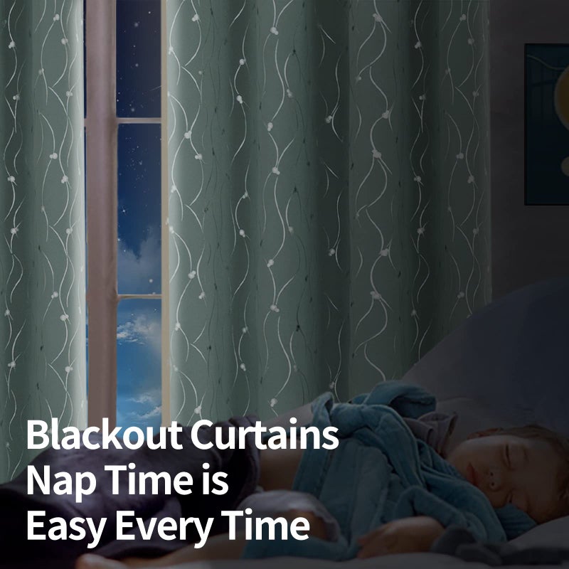 BGment Room Darkening Curtains 95 Inches Long  Grommet Thermal Insulated Blackout Curtains with Wave Line and Dots Printed for Bedroom  2 Panels  Each 52 x 95 Inch  Frosty Green - Image 3