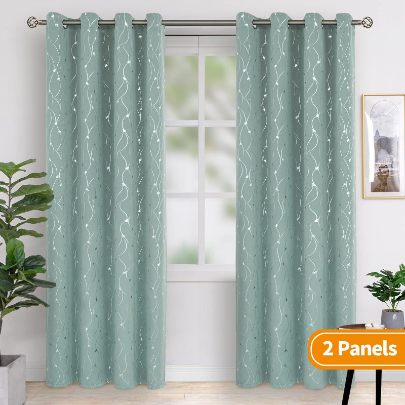 BGment Room Darkening Curtains 95 Inches Long  Grommet Thermal Insulated Blackout Curtains with Wave Line and Dots Printed for Bedroom  2 Panels  Each 52 x 95 Inch  Frosty Green - Image 2