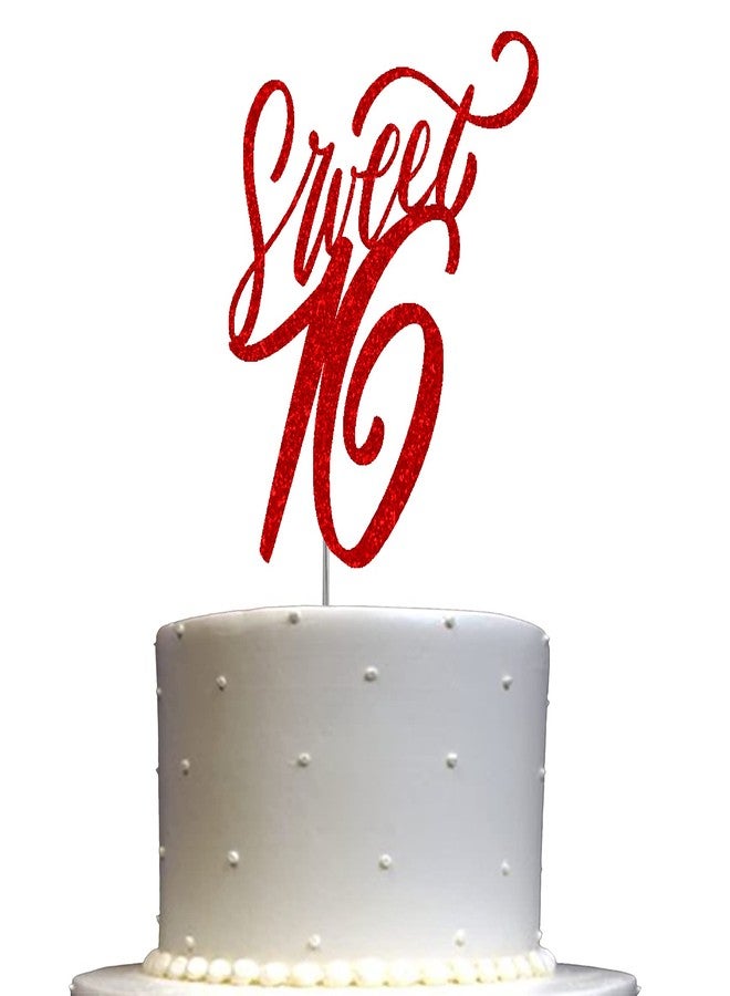 RokAPary Sweet 16 Glitter Cake Topper, Sixteen Birthday Party Decorations Ideas, Premium Quality Decoration, Sturdy Doubled Sided Glitter, Acrylic Stick. Made in USA (Red) - Image 1