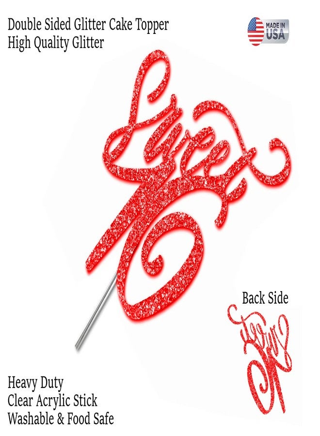 RokAPary Sweet 16 Glitter Cake Topper, Sixteen Birthday Party Decorations Ideas, Premium Quality Decoration, Sturdy Doubled Sided Glitter, Acrylic Stick. Made in USA (Red) - Image 3