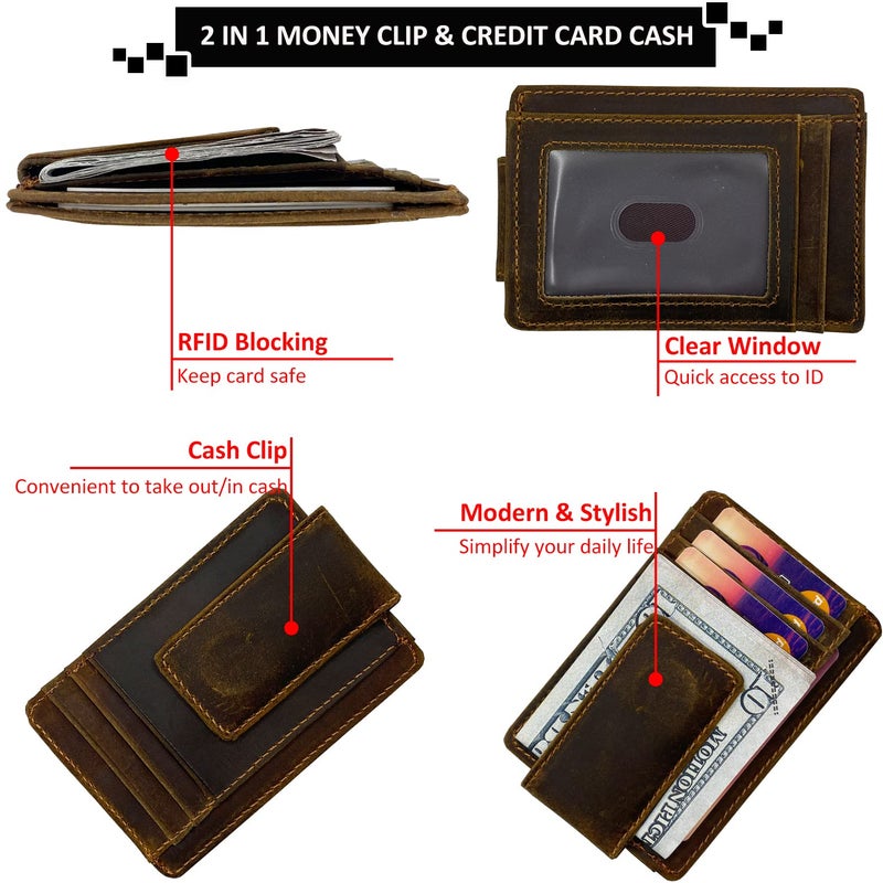 HOPSOOKEN Money Clip RFID Front Pocket Wallet Men Leather Slim Minimalist Wallet (Crazy Horse Deep Brown) - Image 3