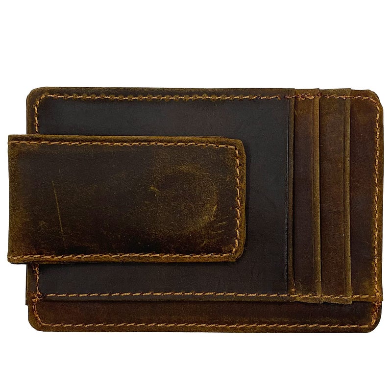 HOPSOOKEN Money Clip RFID Front Pocket Wallet Men Leather Slim Minimalist Wallet (Crazy Horse Deep Brown) - Image 1
