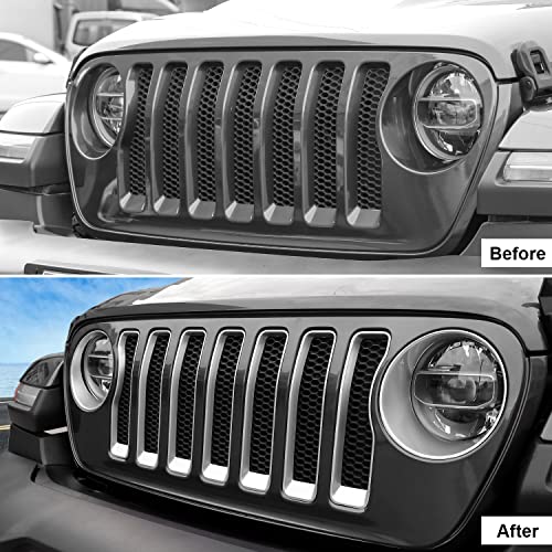 CheroCar for JL Mesh Grille Grill Insert & Headlight Turn Light Cover Trim Exterior Accessories for Jeep Wrangler JL 2018-2023,Sliver - Image 2
