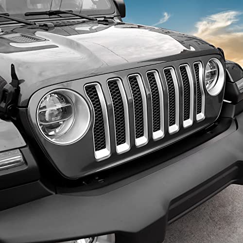 CheroCar for JL Mesh Grille Grill Insert & Headlight Turn Light Cover Trim Exterior Accessories for Jeep Wrangler JL 2018-2023,Sliver - Image 1