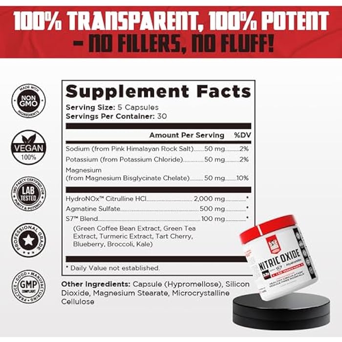 Old School Labs Nitric Oxide Booster for Men & Women, Pre-Workout Supplement with HydroNOx™ Citrulline HCl & S7® Blend for Enhanced Blood Circulation, Muscle Pump & Endurance - 150 Vegan Capsules - Image 4