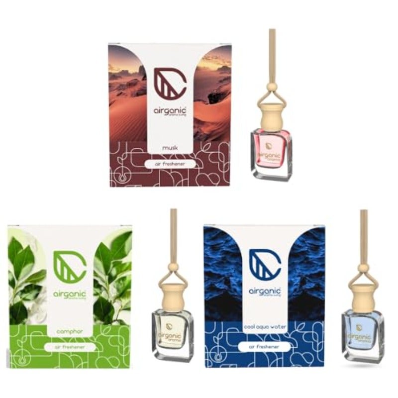 Swing Prime Car Perfume Hanging Pod Musk Camphor Cool Aqua Water Pack 3 Car Air Freshener Natural Essential Fragrance Oils in Glass Bottle with Wooden Diffuser Lid Last Upto 60 Days - Image 1