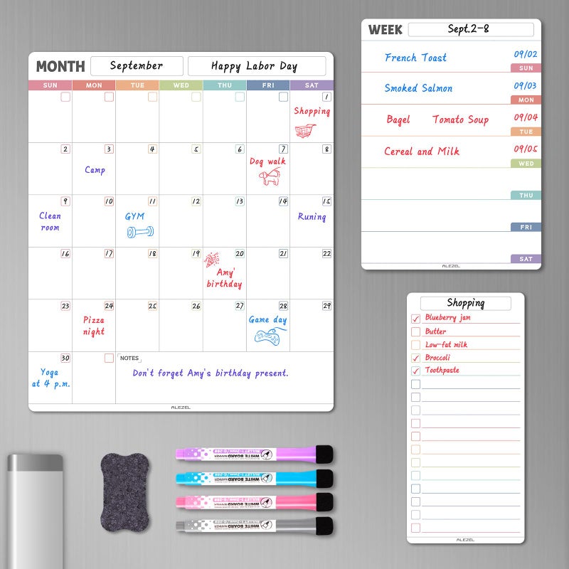 ALEZEL Magnetic Fridge Calendar Whiteboard, Dry Erase Calendar Set for Refrigerator - Vertical Monthly & Weekly Fridge Calendar with 1 List White Board, 4 Markers + Eraser - Image 1