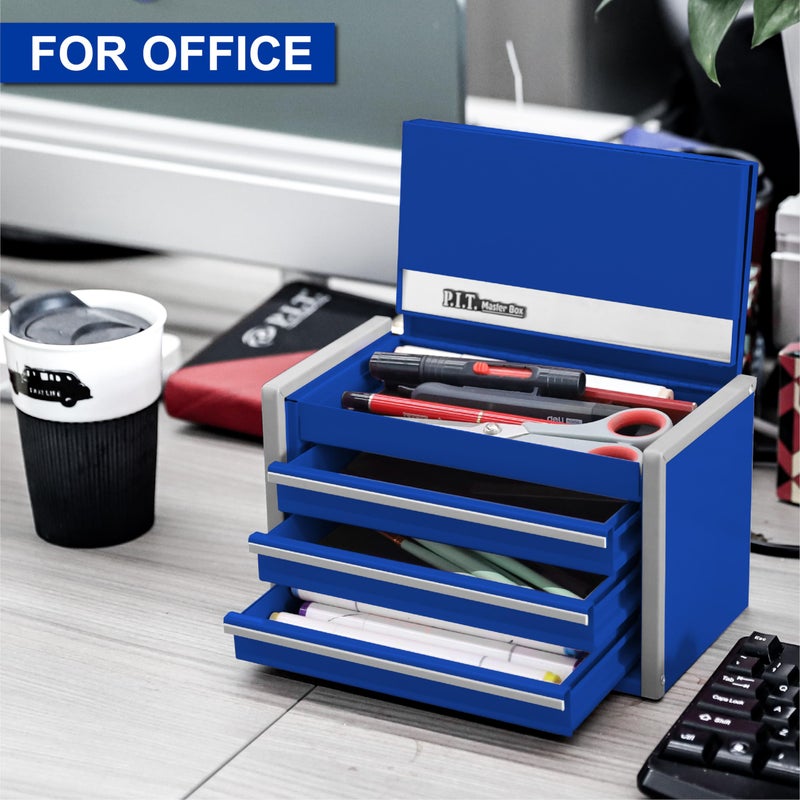 PIT P.I.T. Mini Blue Tool Box  Portable 3 Drawer Steel Stackable Tool Box With Magnetic Tab Locking  Blue Micro Top Chest With Liner For Tools Storage And Organizers  Home Diy - Image 3