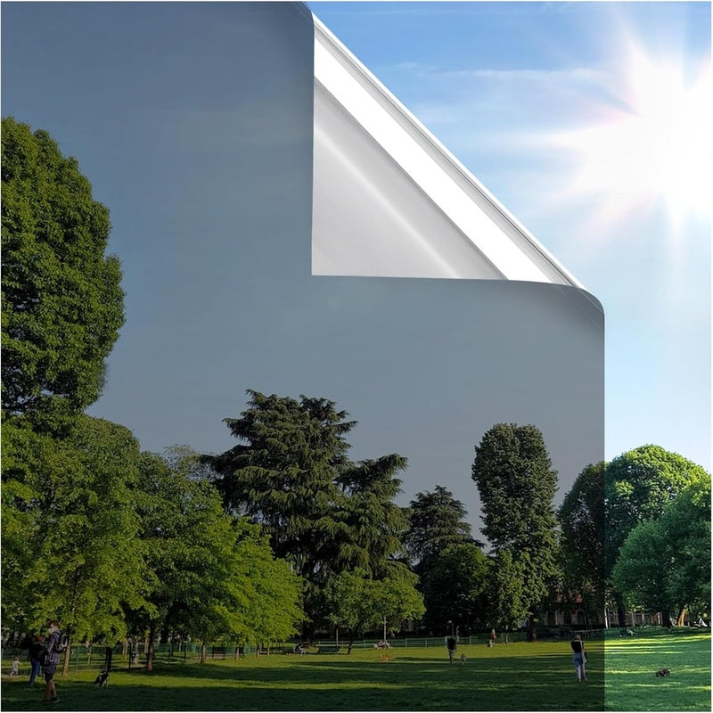 Rabbitgoo Window Privacy Film One Way Window Tint for Home, Removable Reflective Heat Sun Blocking Anti UV Glass Door Covering, Mirror Tinting Film House Office, 23.6 in X 16.4 Feet, Black Silver - Image 1