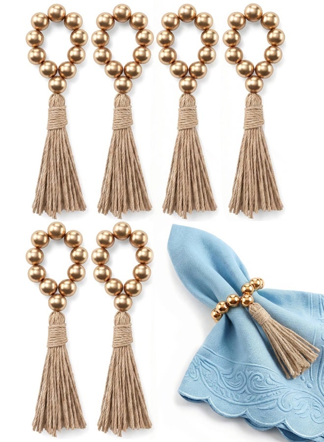 6PCS Napkin Rings, Wooden Bead Napkin Holders for Cloth Napkins, Stretchable Boho Napkins Rings Rustic Twine Rattan Design with Tassel for Farmhouse Thanksgiving Fall Spring Decor - Image 1
