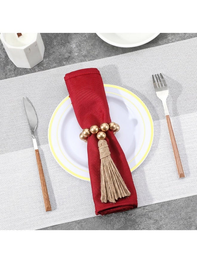 6PCS Napkin Rings, Wooden Bead Napkin Holders for Cloth Napkins, Stretchable Boho Napkins Rings Rustic Twine Rattan Design with Tassel for Farmhouse Thanksgiving Fall Spring Decor - Image 4