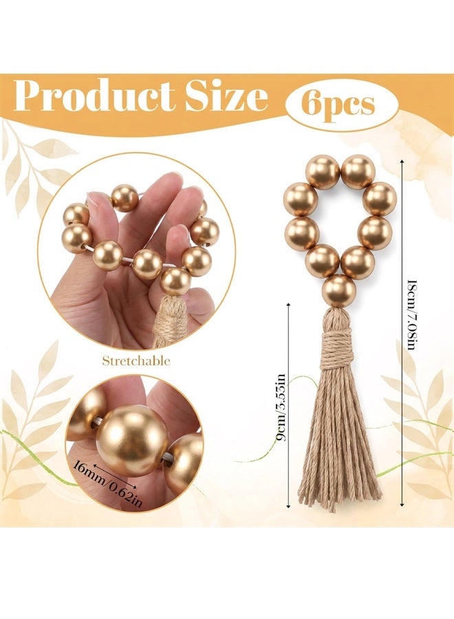 6PCS Napkin Rings, Wooden Bead Napkin Holders for Cloth Napkins, Stretchable Boho Napkins Rings Rustic Twine Rattan Design with Tassel for Farmhouse Thanksgiving Fall Spring Decor - Image 2