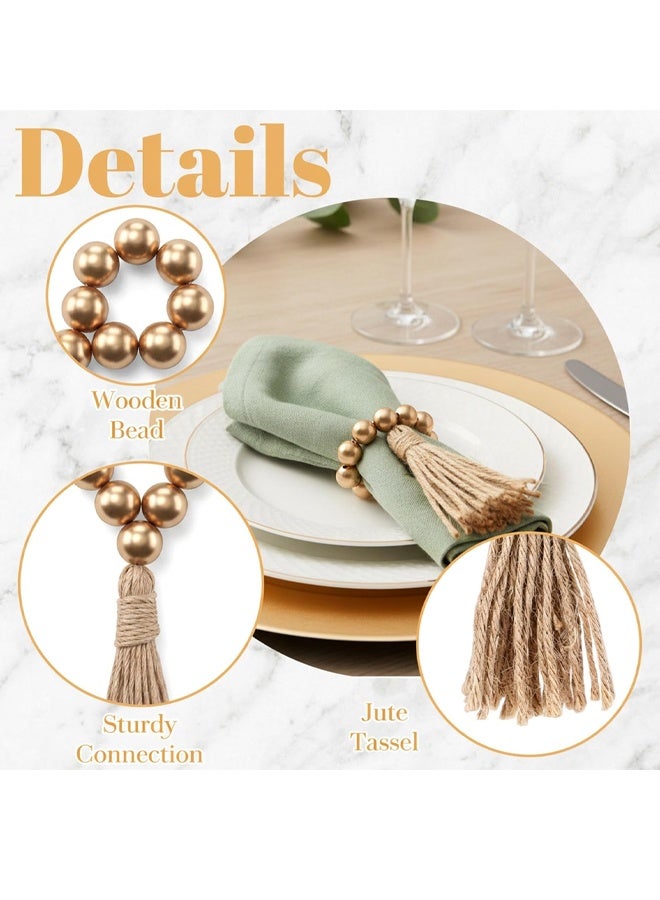 6PCS Napkin Rings, Wooden Bead Napkin Holders for Cloth Napkins, Stretchable Boho Napkins Rings Rustic Twine Rattan Design with Tassel for Farmhouse Thanksgiving Fall Spring Decor - Image 5