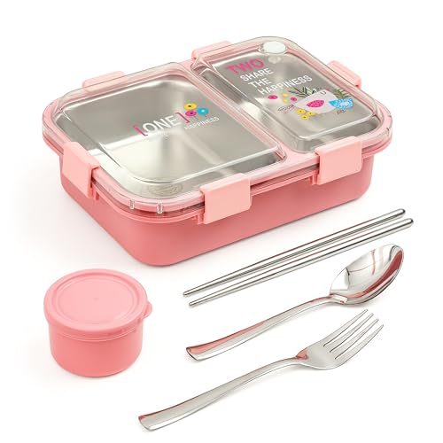 Brand Conquer Lunch Box Leak-Proof BPA Free Stainless Steel for School, Lunch Box for School & Office with a Fork, a Spoon and a Pair of Chopsticks (Classic Pink, Happiness Lunch Box 2 Compartment) - Image 2