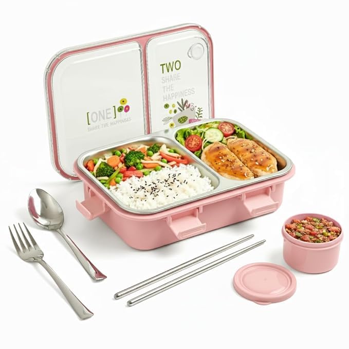 Brand Conquer Lunch Box Leak-Proof BPA Free Stainless Steel for School, Lunch Box for School & Office with a Fork, a Spoon and a Pair of Chopsticks (Classic Pink, Happiness Lunch Box 2 Compartment) - Image 1