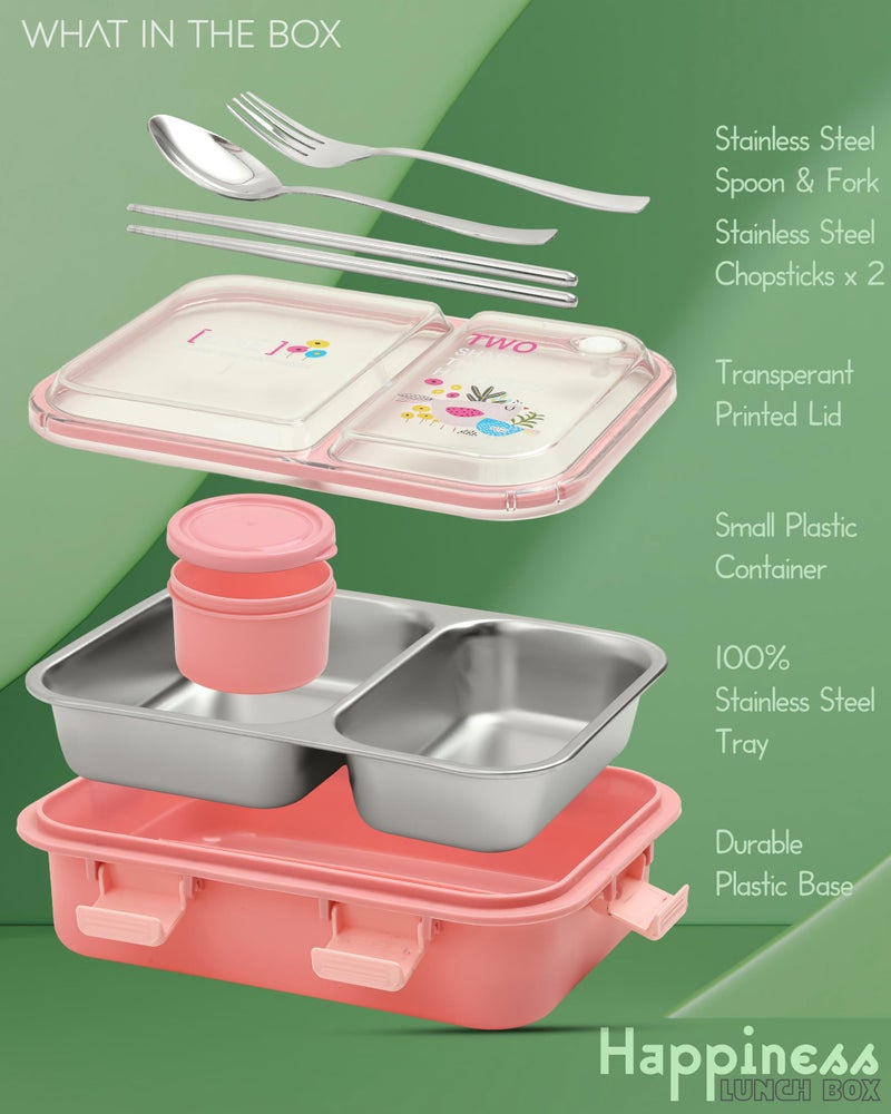 Brand Conquer Lunch Box Leak-Proof BPA Free Stainless Steel for School, Lunch Box for School & Office with a Fork, a Spoon and a Pair of Chopsticks (Classic Pink, Happiness Lunch Box 2 Compartment) - Image 3
