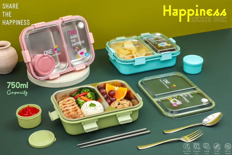 Brand Conquer Lunch Box Leak-Proof BPA Free Stainless Steel for School, Lunch Box for School & Office with a Fork, a Spoon and a Pair of Chopsticks (Classic Pink, Happiness Lunch Box 2 Compartment) - Image 5