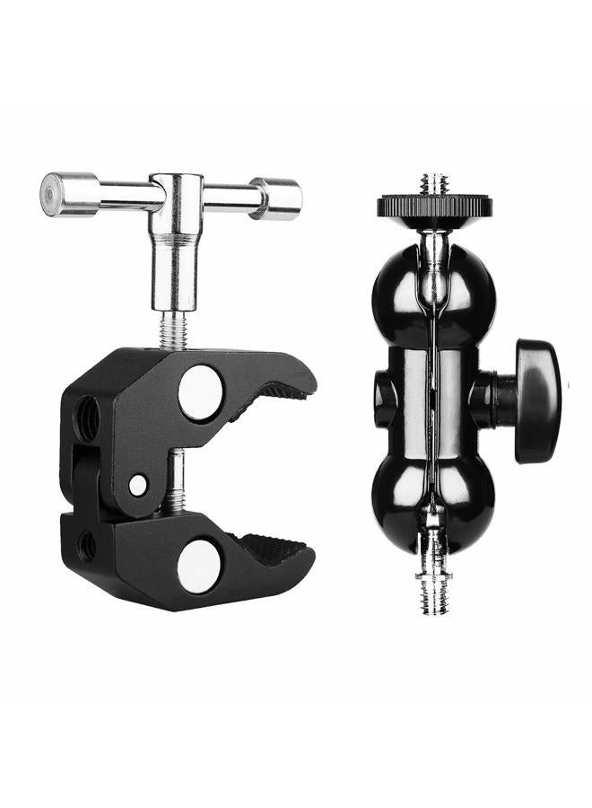 SLOW DOLPHIN Camera Clamp Mount Monitor Mount Bracket Super Clamp w/1/4 and 3/8 Thread with Cool Double Ballhead Arm Adapter Bottom Clamp for for DSLR Camera/Field Monitor/LED - Image 2