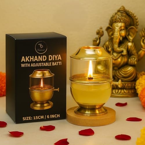 True Decor 6 Inch Brass Akhand Diya with Adjustable Batti Lifting Screw Lever & Borosicilate Glass Cover 250ML - Image 1