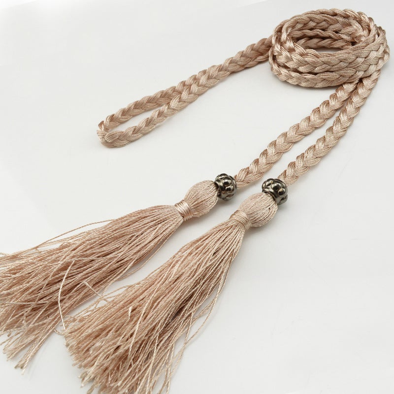 Braided Tassel Belt Ladies Skinny Butterfly Knot Apricot 