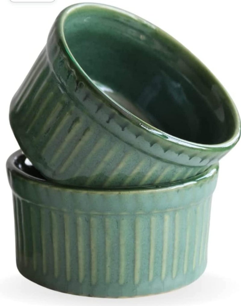 Mirakii Ceramic Green Glossy Ramekin Bowl 150ml Set of 2, Microwave and Dishwasher Safe for Baking and Serving - Image 1