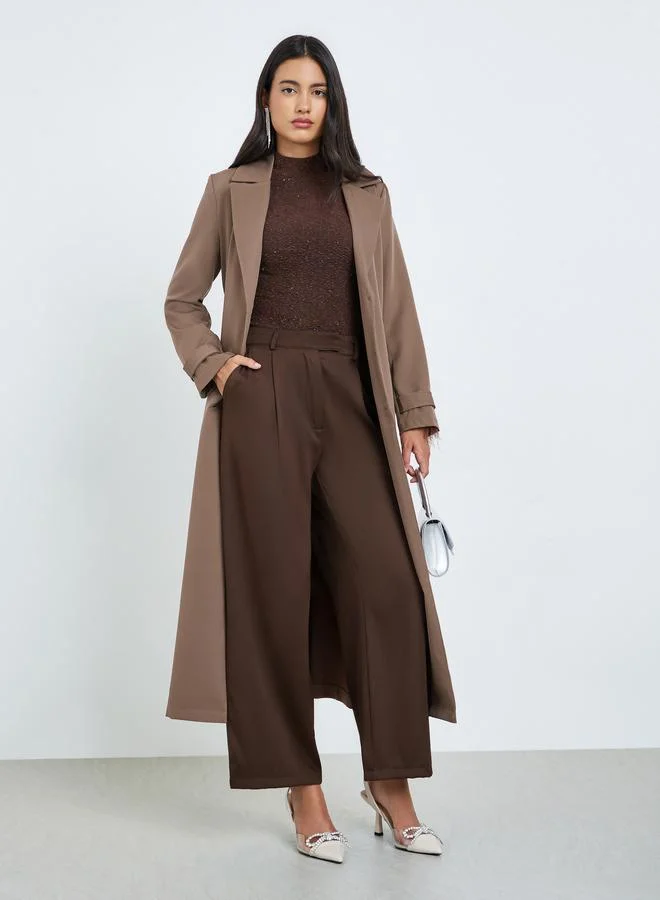 Brown Regular Fit Belted Tailored Kimono