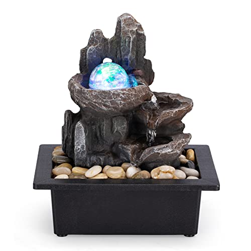 AMOOTEK Tabletop Fountain Rotating Ball Rock Waterfall Fountain Office Tabletop Fountains for Home Office Decor Includes Many Natural River Rocks Decorated with Colorful Lights and Rolling Ball - Image 1
