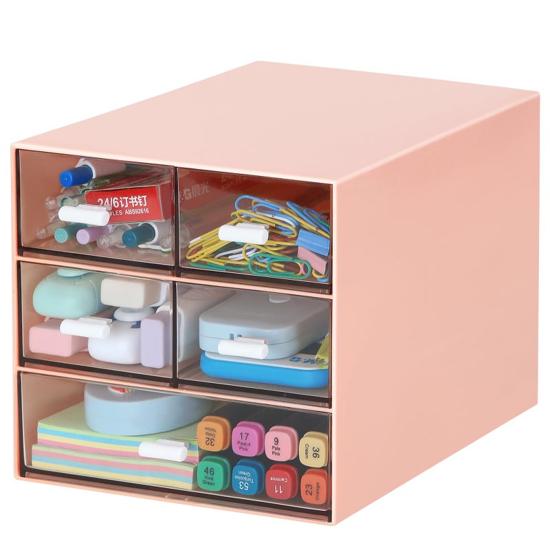 LETURE Desk Organizer with 5 Drawers, Rectangular Office Stationery Supplies Desktop Drawers, Plastic Makeup Storage, Suitable for Office, School, Home (Pink & 5 Drawers) - Image 1