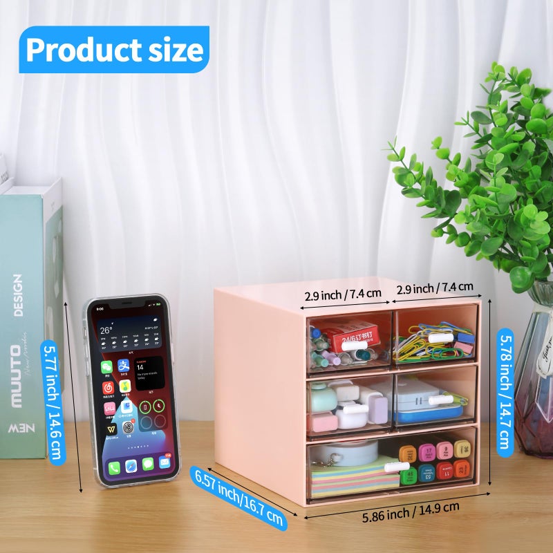 LETURE Desk Organizer with 5 Drawers, Rectangular Office Stationery Supplies Desktop Drawers, Plastic Makeup Storage, Suitable for Office, School, Home (Pink & 5 Drawers) - Image 2