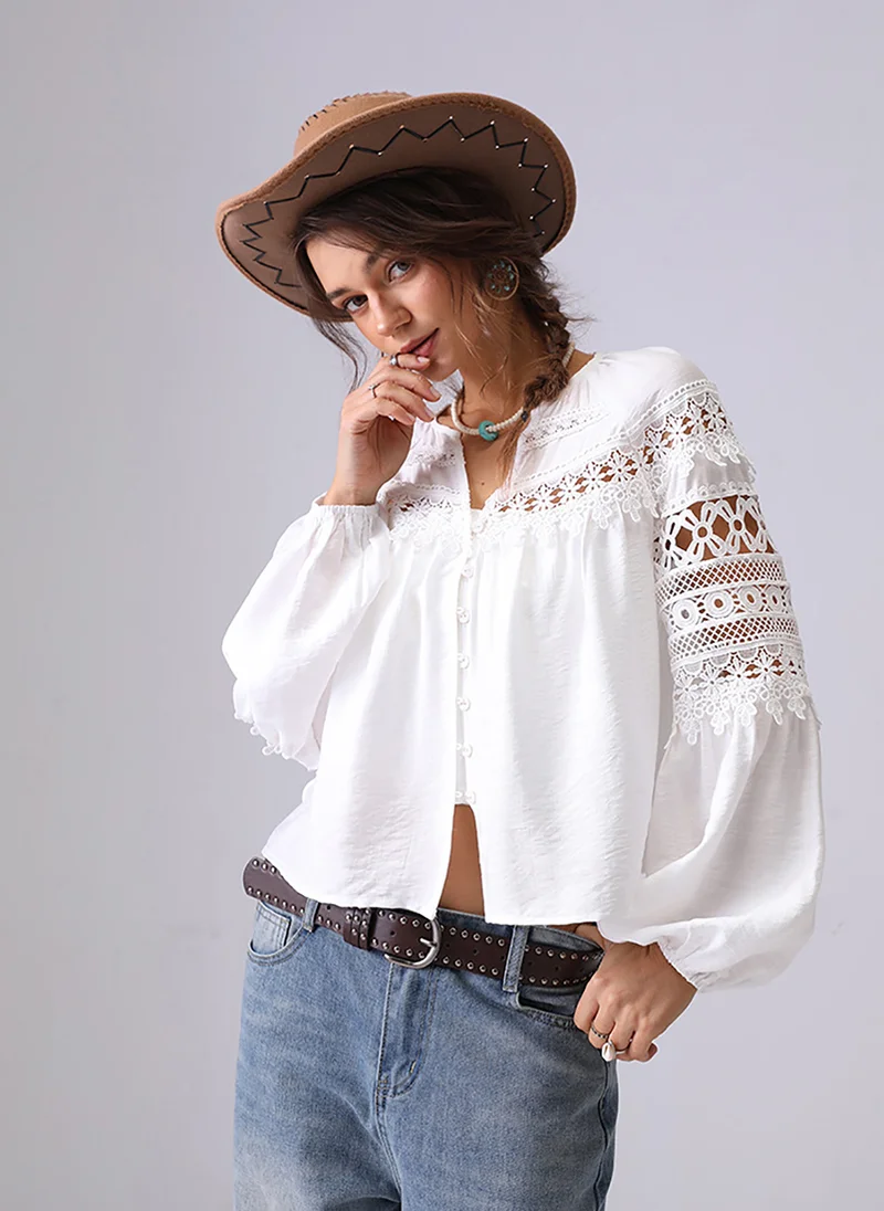 يونيكي White V-Neck Long Sleeves Shirt Style Top