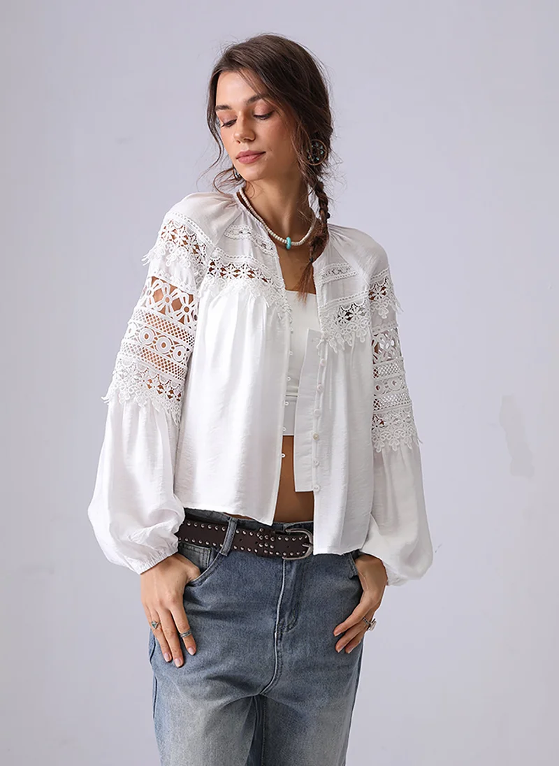 YUNIQEE White V-Neck Long Sleeves Shirt Style Top