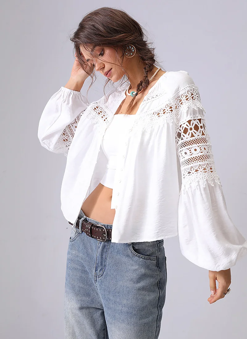 يونيكي White V-Neck Long Sleeves Shirt Style Top