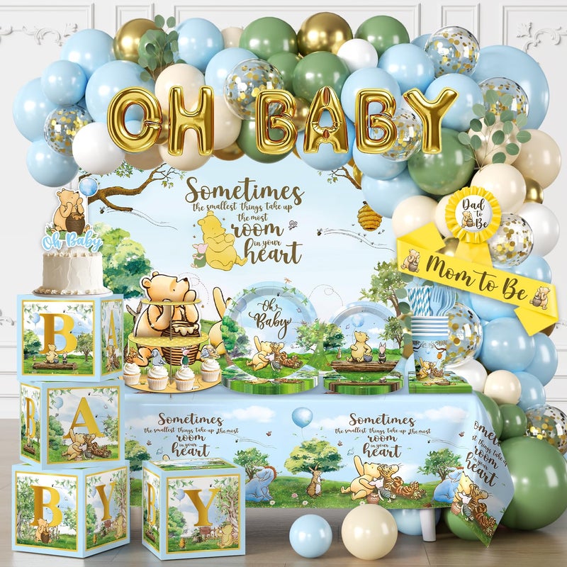cocomigo Classic Bear Baby Shower Decorations Boy, Blue Vintage Bear Baby Boy Shower Decorations Balloons and Baby Boxes, Backdrop, Dinnerware Set, Cake Toppers with Stand, Mom to Be Sash, Baby Shower Decor - Image 1