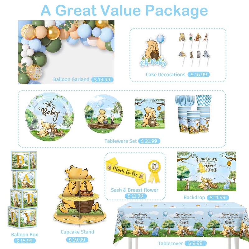 cocomigo Classic Bear Baby Shower Decorations Boy, Blue Vintage Bear Baby Boy Shower Decorations Balloons and Baby Boxes, Backdrop, Dinnerware Set, Cake Toppers with Stand, Mom to Be Sash, Baby Shower Decor - Image 3