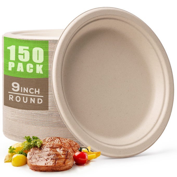 150PCS COMPOSTABLE PAPER PLATES 9 INCH DISPOSABLE PLATES UNBLEACHED HEAVY DUTY ECOFRIENDLY SUGARCANE FIBER BIODEGRADABLE PLATE FOR PARTY PICNIC