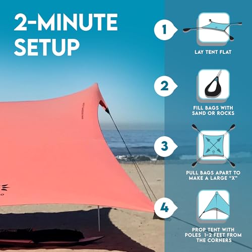 Neso Gigante Portable Beach Tent Sun Shelter - Lightweight Beach Shade Canopy - Easy Setup for Family Outings - Patented Reinforced Corners - UPF 50+ Sun Protection - 8ft Tall, 11 x 11ft - Coral - Image 5
