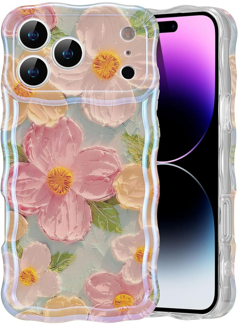 Case for iPhone 17 Pro Max, Colorful Retro Oil Painting Printed Flower Laser Glossy Pattern Cute Curly Wave Edge Exquisite Phone Cover Stylish Durable TPU Protective Case for Girl Women - Image 1