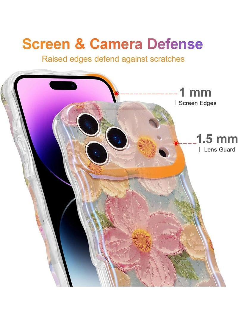 Case for iPhone 17 Pro Max, Colorful Retro Oil Painting Printed Flower Laser Glossy Pattern Cute Curly Wave Edge Exquisite Phone Cover Stylish Durable TPU Protective Case for Girl Women - Image 4