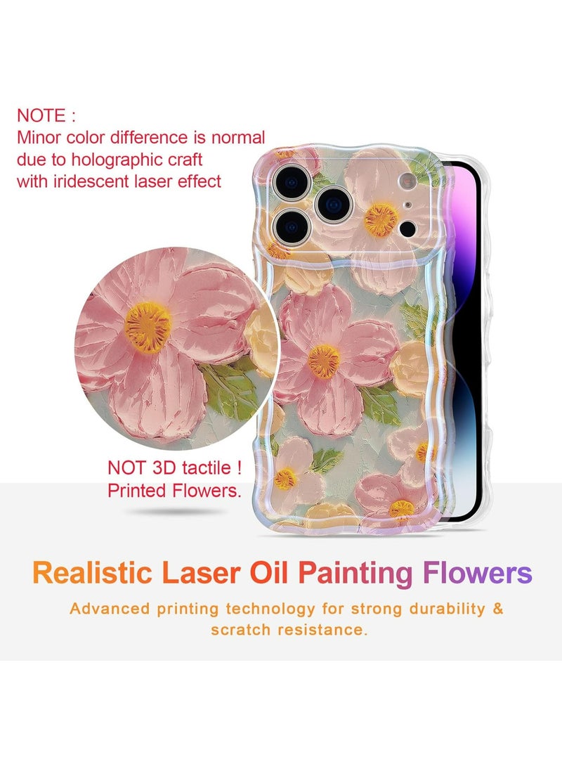 Case for iPhone 17 Pro Max, Colorful Retro Oil Painting Printed Flower Laser Glossy Pattern Cute Curly Wave Edge Exquisite Phone Cover Stylish Durable TPU Protective Case for Girl Women - Image 3