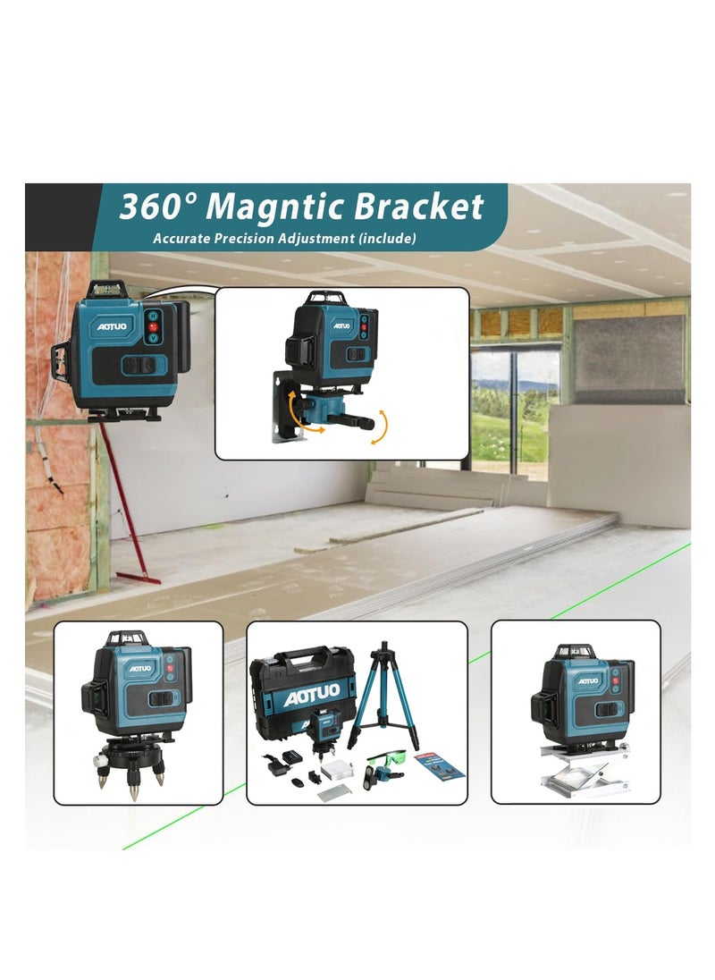 16 Line Laser Level 4x360° Self-Leveling Green Laser Level with Tripod, 4D Green Crosshairs for Construction and Picture Hanging, Laser Measuring Tool with 2 Rechargeable Batteries and Tool Bag…