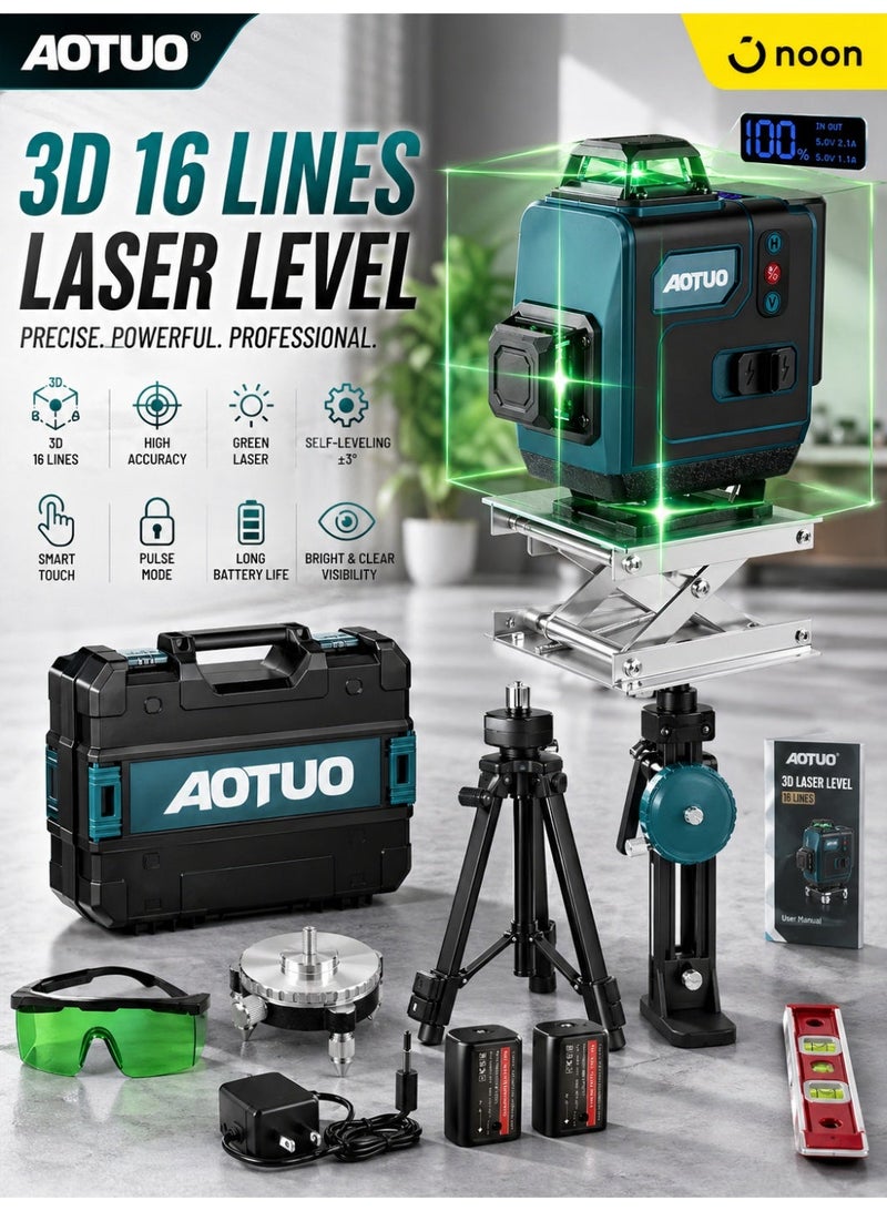 او تو او مستوى ليزر أخضر 4x360° بـ 16 خطًا مع حامل ثلاثي القوائم، وخطوط متقاطعة خضراء رباعية الأبعاد للبناء وتعليق الصور، وأداة قياس بالليزر مع بطاريتين قابلتين لإعادة الشحن وحقيبة أدوات... - Image 1