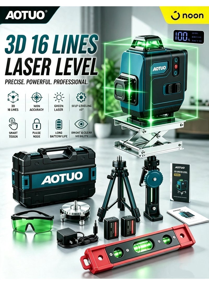 AOTUO 16 Line Laser Level 4x360° Self-Leveling Green Laser Level with Tripod, 4D Green Crosshairs for Construction and Picture Hanging, Laser Measuring Tool with 2 Rechargeable Batteries and Tool Bag… - Image 1