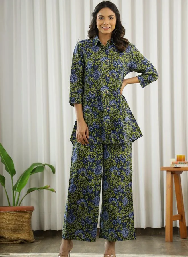 Sanskrutihomes Floral Printed Rayon Nightwear Pajama Set with Collared Shirt - Green and Blue