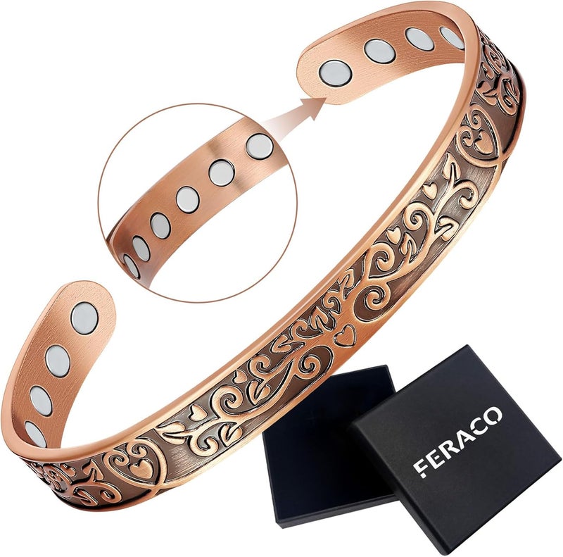 Feraco Feraco Copper Bracelets for Women Enhanced Strength Magnetic Bracelets for Women with 3800 Gauss Magnets, Pure Copper Jewelry Adjustable Cuff Bangle with Giftable Box (Original Design) 
